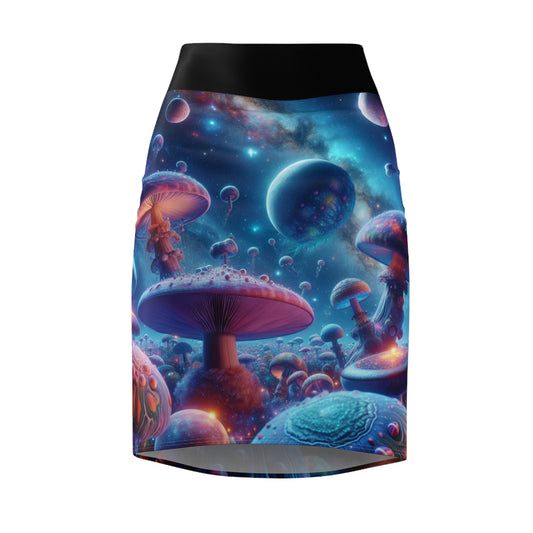 Cosmic Mushroom Women's Pencil Skirt - Stylish & Vibrant Galactic Design