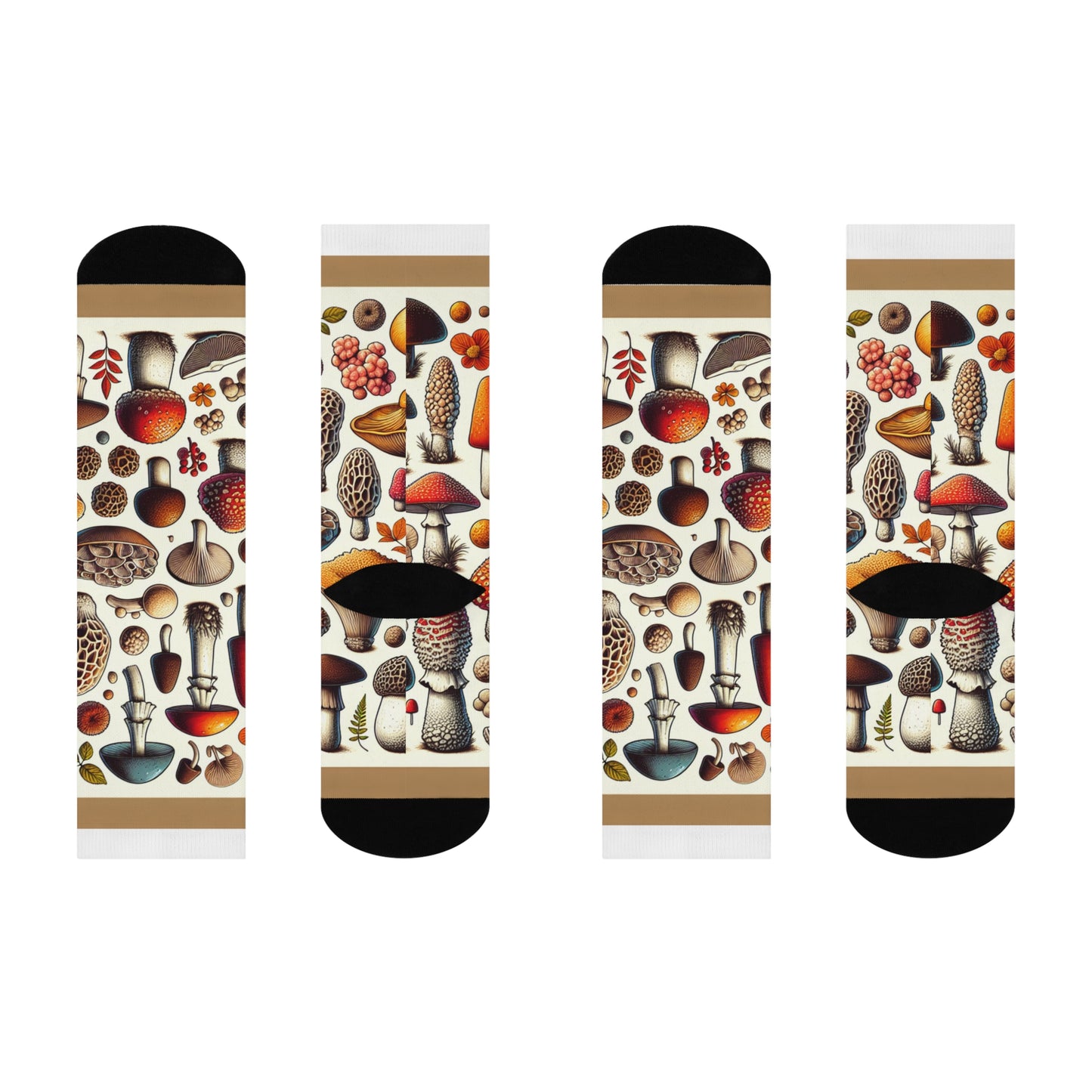 Vintage Mushroom Pattern Cushioned Crew Socks - Nature-Inspired Comfort for Everyday Wear