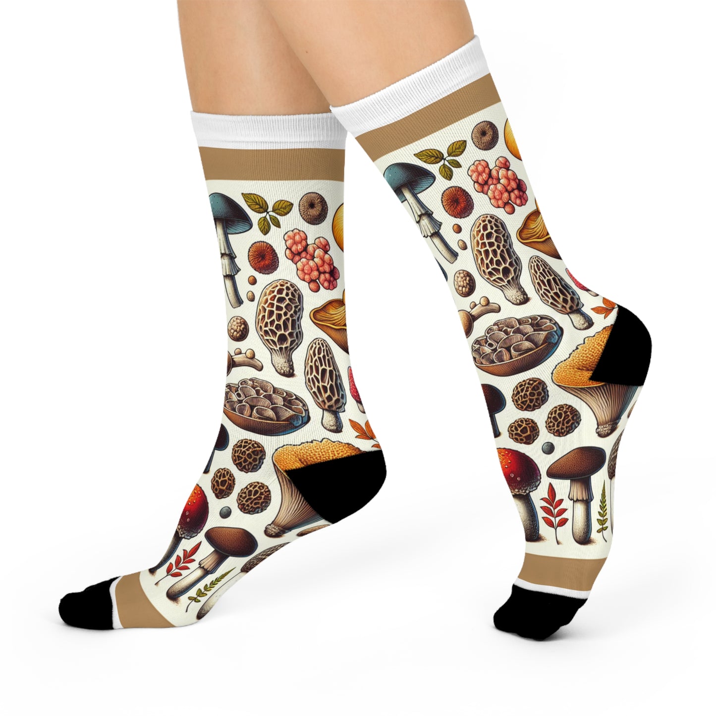 Vintage Mushroom Pattern Cushioned Crew Socks - Nature-Inspired Comfort for Everyday Wear