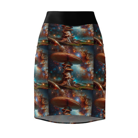 Cosmic Mushroom Women's Pencil Skirt - Unique Galaxy Design for Casual or Party Wear