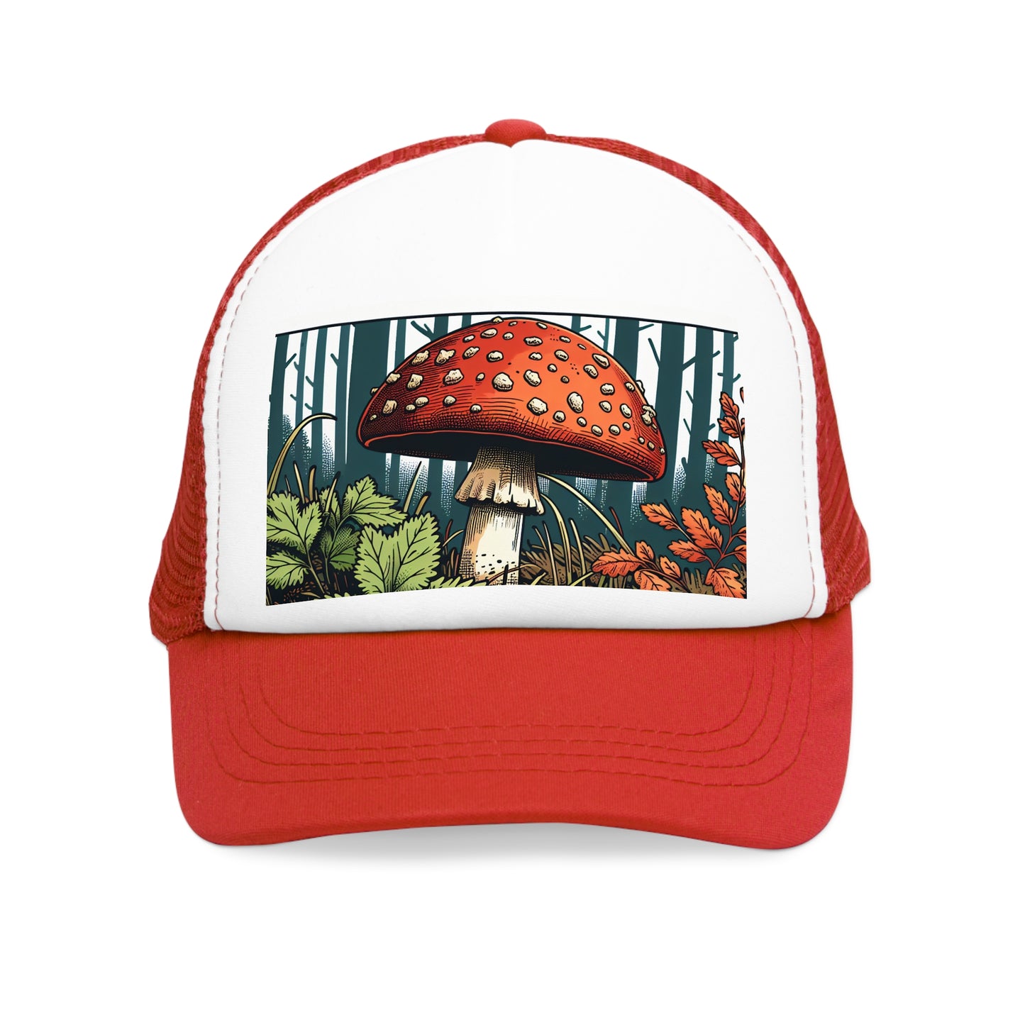 Forest Mushroom Mesh Cap - Nature-Inspired Trucker Hat for Outdoors Enthusiasts