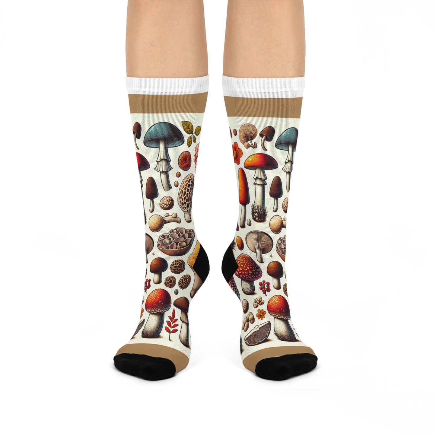 Vintage Mushroom Pattern Cushioned Crew Socks - Nature-Inspired Comfort for Everyday Wear